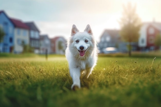 青空を背景に草の中を走る犬