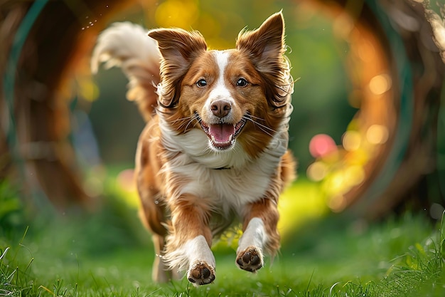 a dog running in the grass with a blurry background