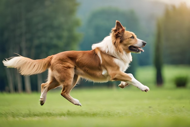 A dog running in the grass with its mouth open