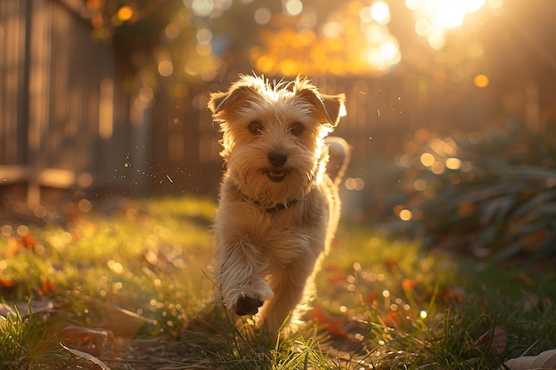 a dog running in the grass with the sun behind him