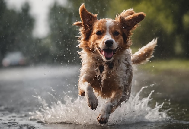 Фото Собака бегает по воде генеративный искусственный интеллект