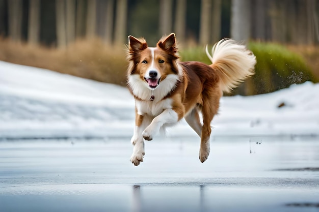 「犬」と書かれた札を付けて道路を走る犬。