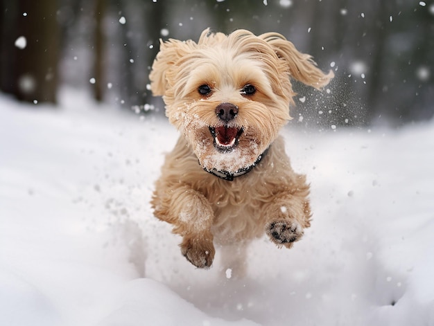 喜びを感じて雪の上を走る犬