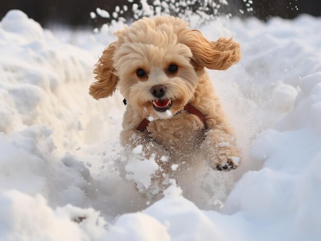 喜びを感じて雪の上を走る犬