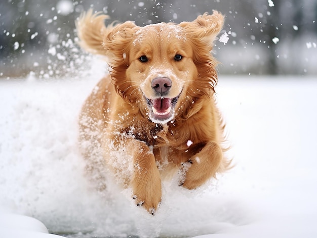 喜びを感じて雪の上を走る犬