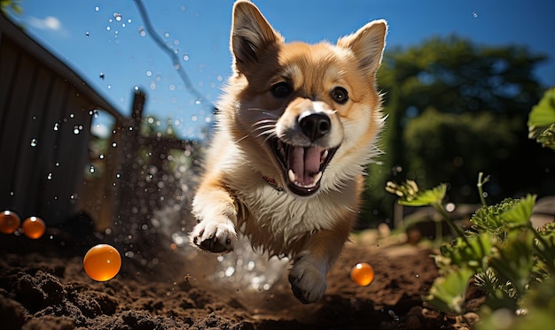 オレンジを持って泥を駆け抜ける犬