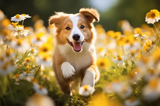 Photo a dog running through a field of flowers with a field of yellow flowers