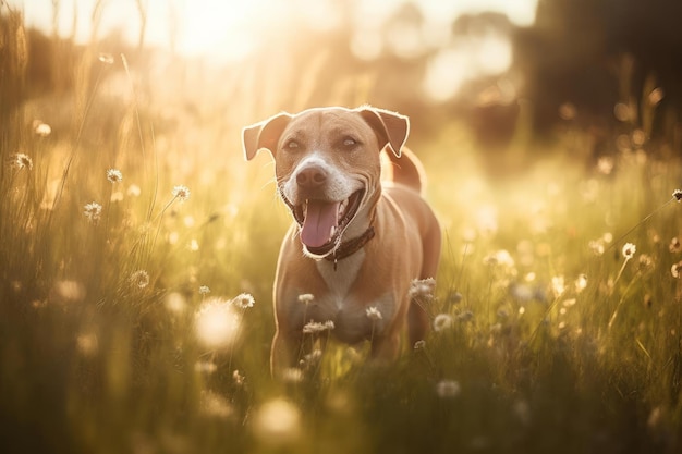 A dog running through a field of flowers