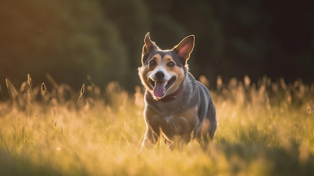 Photo a dog running through a field of grass