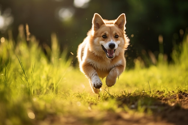 a dog running through a field of grass