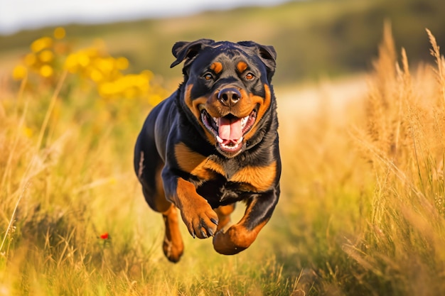 a dog running through a field of tall grass