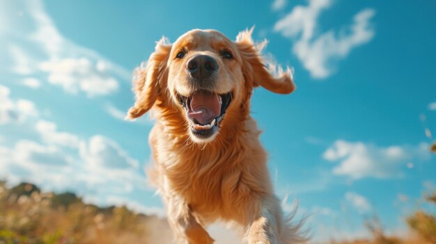 A dog running through a field with blue sky in the background ai