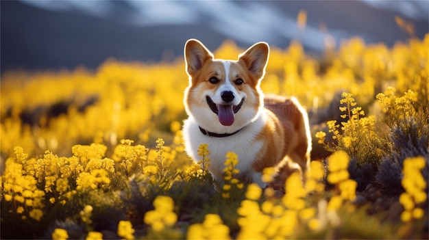 黄色い花畑の中を走る犬。