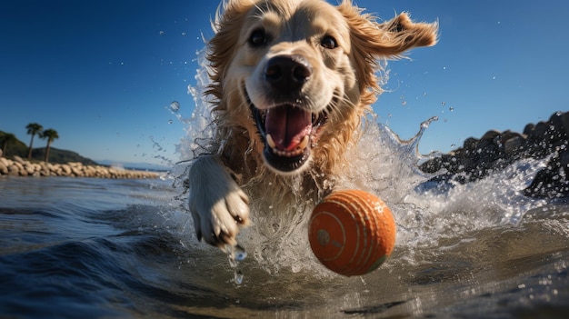 ボールを持って水中を走る犬