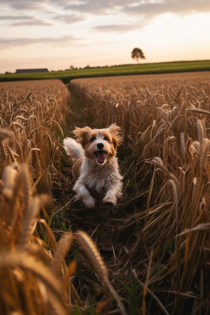 a dog running through a wheat field at sunset