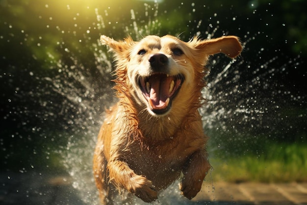 口を開けて水の中を走る犬