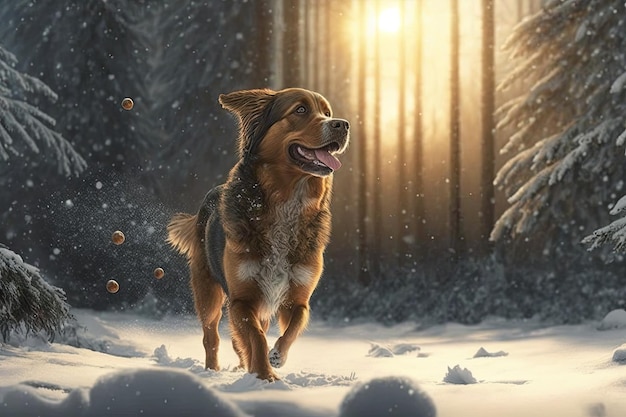 Dog running in winter forest ai generative