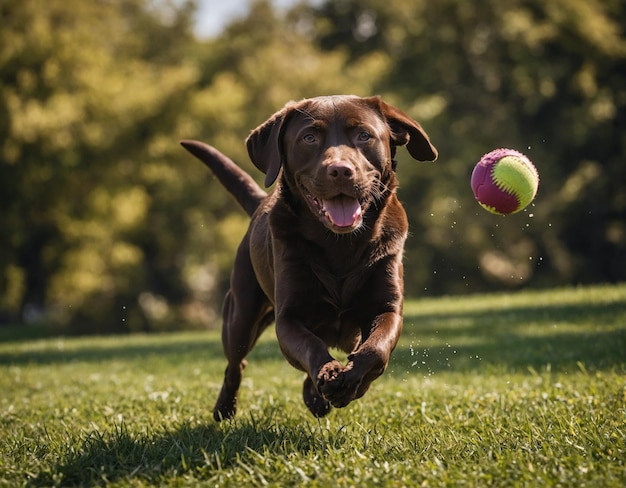 Foto un cane che corre con una palla in bocca