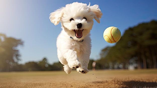 A dog running with a ball in its mouth