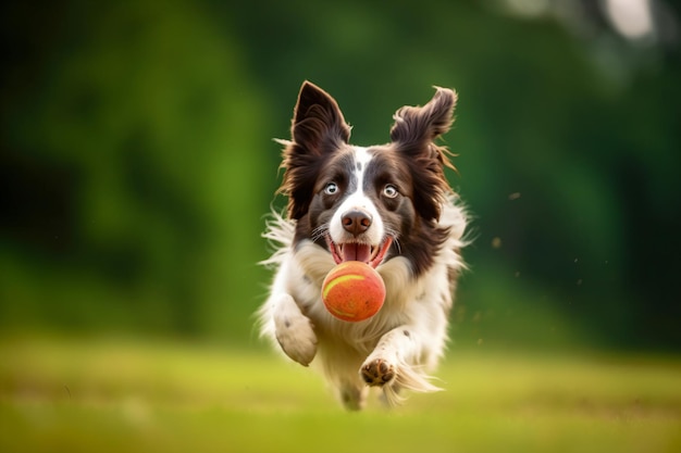 a dog running with a ball in its mouth