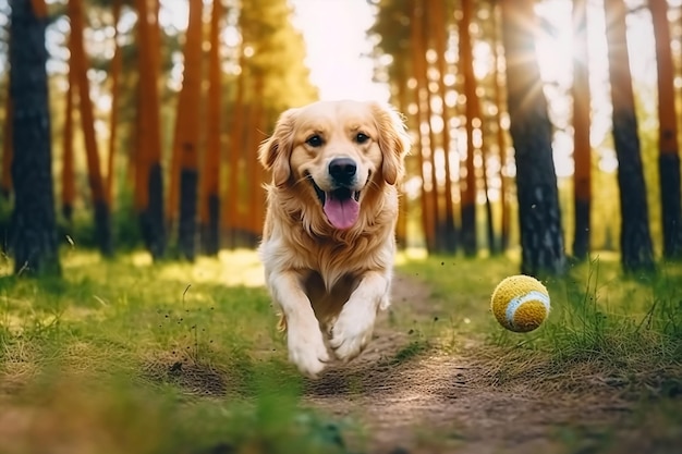 A dog running with a tennis ball in the woods