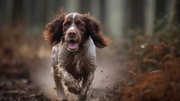 A dog running in the woods with its mouth open