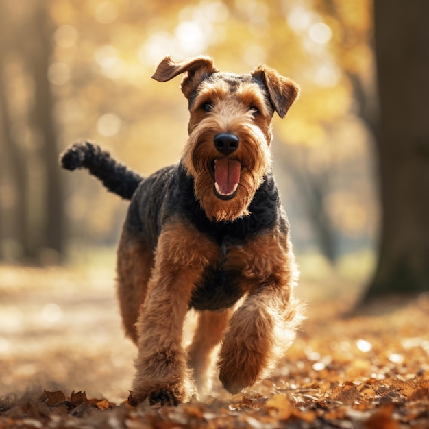 A dog running in the woods with the word terrier on it