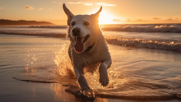 Собака бежит по пляжу на закате.
