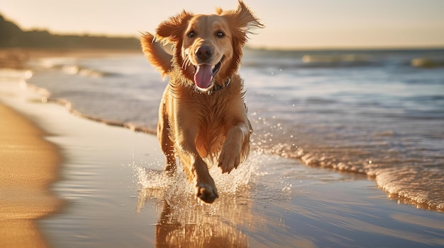 A dog runs on the beach at sunset.