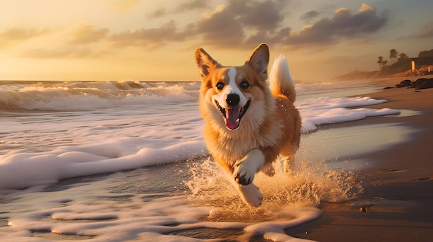 夕暮れ時に犬がビーチを走ります。