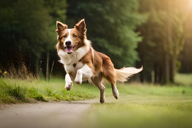 A dog runs in a field with the words happy dog running.