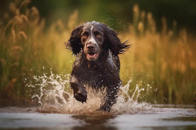 A dog runs through a pond with the word cocker spaniel on the front