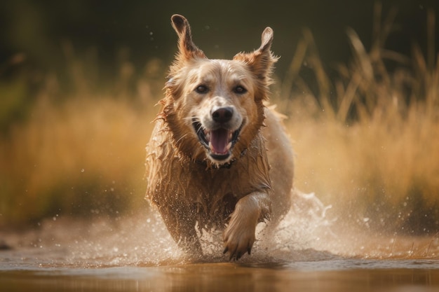 A dog runs through a puddle of water