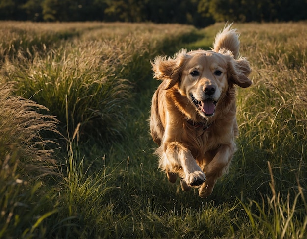 a dog runs through tall grass with a tag that says quot happy dog quot