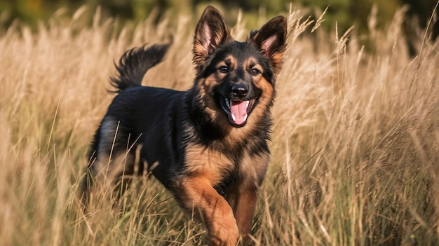 A dog runs through tall grass