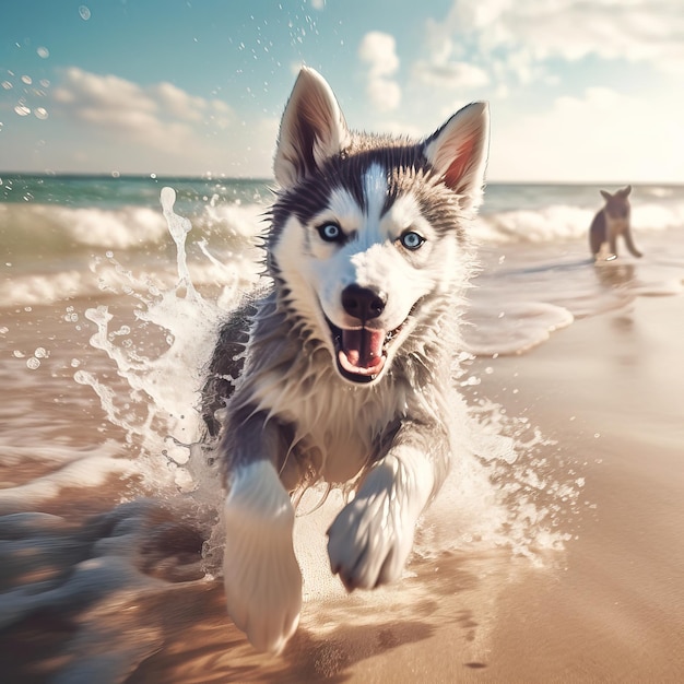 A dog runs through the water with the word husky on it.