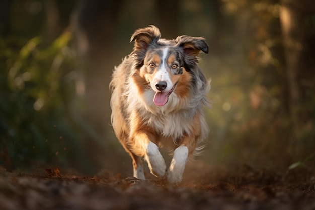 太陽の光を顔に受けながら、犬が森の中を走っています。