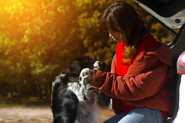 犬ロシアンスパニエルは車の近くの女性の愛人にもたれかかる