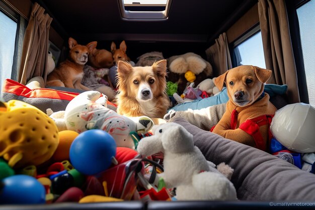 Dog's bed and toys packed in moving truck