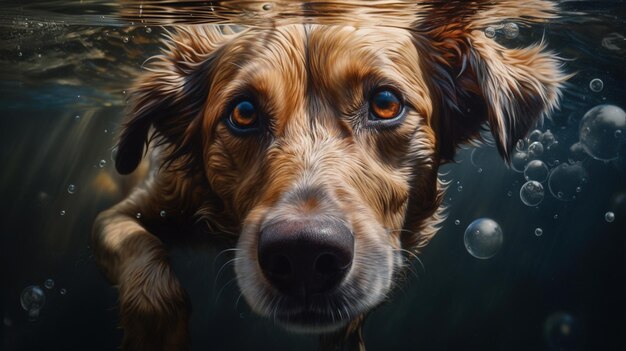 A dog's face is shown with bubbles floating in the water.