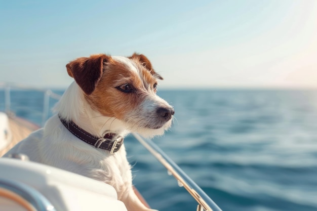 Собака плывет на палубе роскошной яхты против морской воды в яркий солнечный летний день