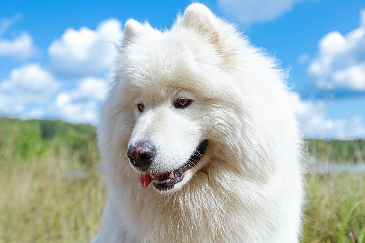 Dog Samoyed husky Portrait of a white fluffy purebred dog