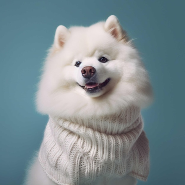 Dog samoyed in a sweater