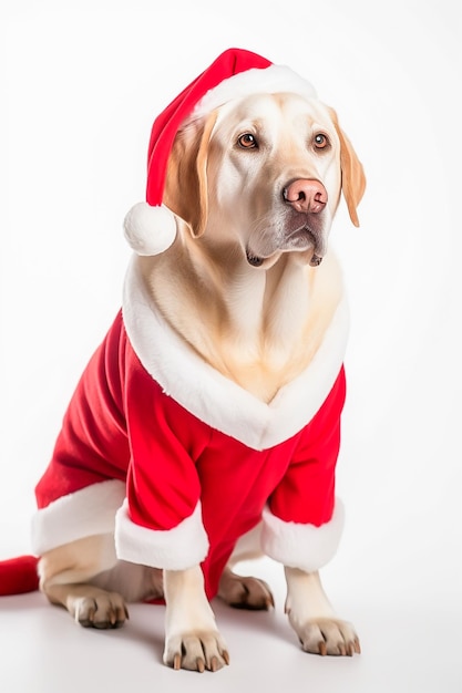 Un cane in un abito da babbo natale si siede su uno sfondo bianco.