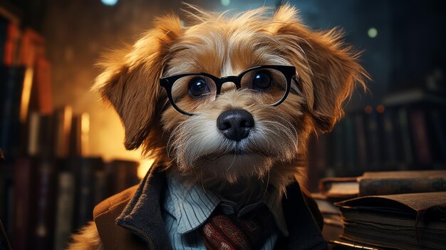 Photo dog schoolboy in glasses with a book