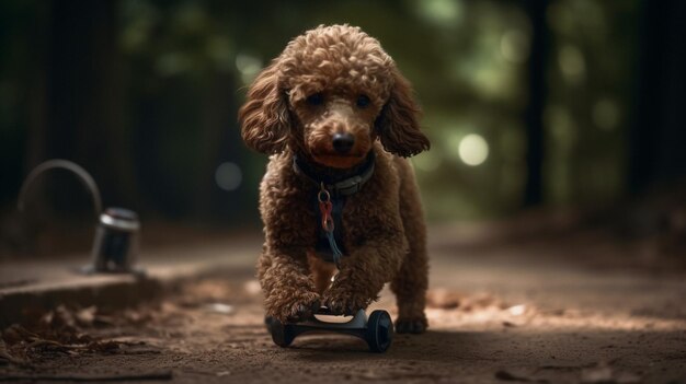 A dog on a scooter in a forest