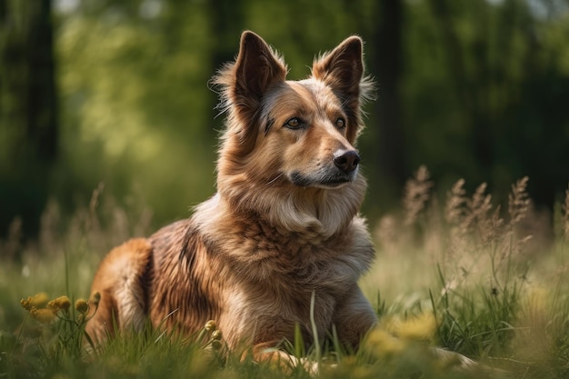 A dog seated on the field Generative AI