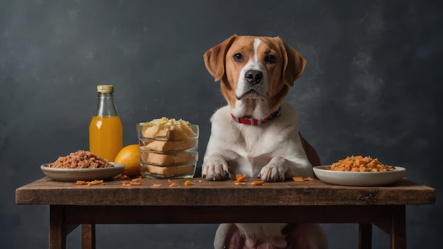 Foto cane seduto a tavola con ciotole di cibo e verdure fresche