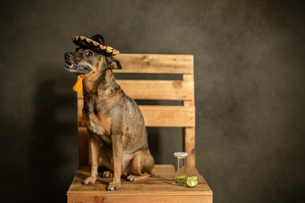 Dog seated wearing Mexican charro hat. Portrait of mascot celebrating Mexican patriotic month.