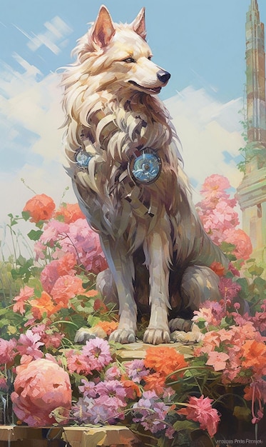 Dog setting in flowers generative ai